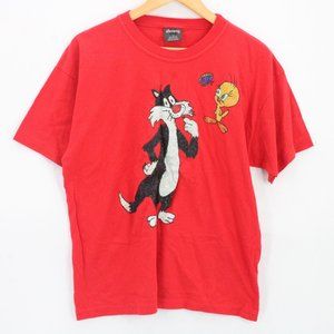 Vintage Ellemenno Shirt Womens Red Short Sleeve Looney Tunes Graphic Logo Large